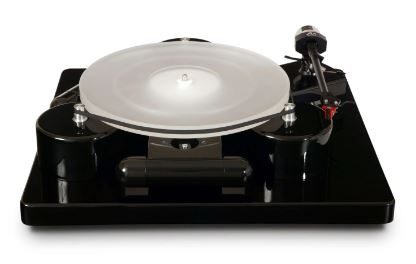 Analoge hochglanz schwarzes Plattenspieler AN-TT-Three Reference mit drei Motoren und schwarzem Tonarm.