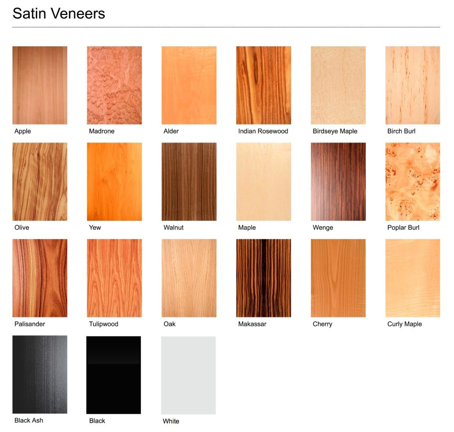 Übersicht über die verfügbare Satin Matte Holzfurniere für die Lautsprecherserien AN-K, AN-J und AN-E.