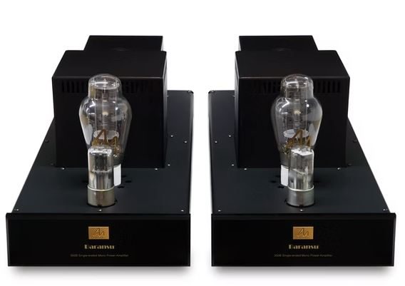 Zwei Röhrenverstärker mit schwarzem Gehäuse,  Kupferabdeckung, Alu-Frontplatten und 300B Röhren.