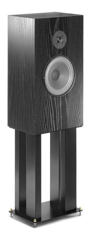 Schwarzer Lautsprecher; Audio Note UK AN-J/D, auf dazugehörende Ständer mit zwei runder Lautsprechermembran und modernem Design.