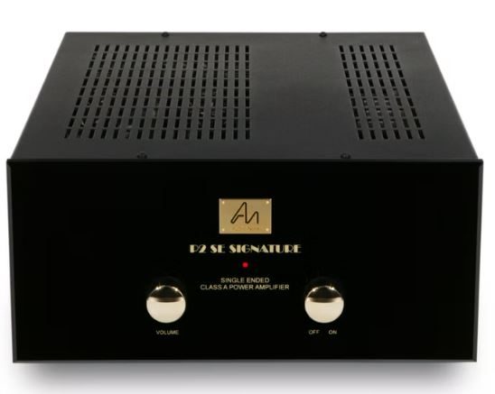 Schwarzes Hi-Fi-Verstärker mit zwei runden Reglern und durchlüfteter Oberseite.