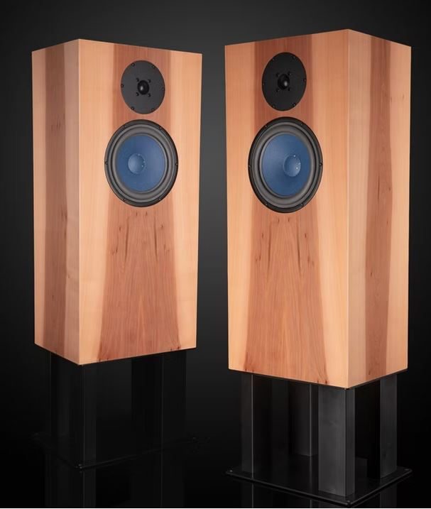 Zwei moderne Field-Core Lautsprecher mit Holzgehäuse und schwarzem Ständer.