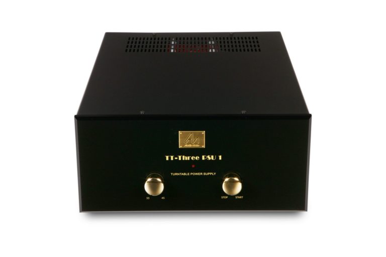 Externes Audio Note Netzteil für analoge Plattenspieler der TT-Three Serie mit schwarzem Front und goldene Bedienknöpfe.