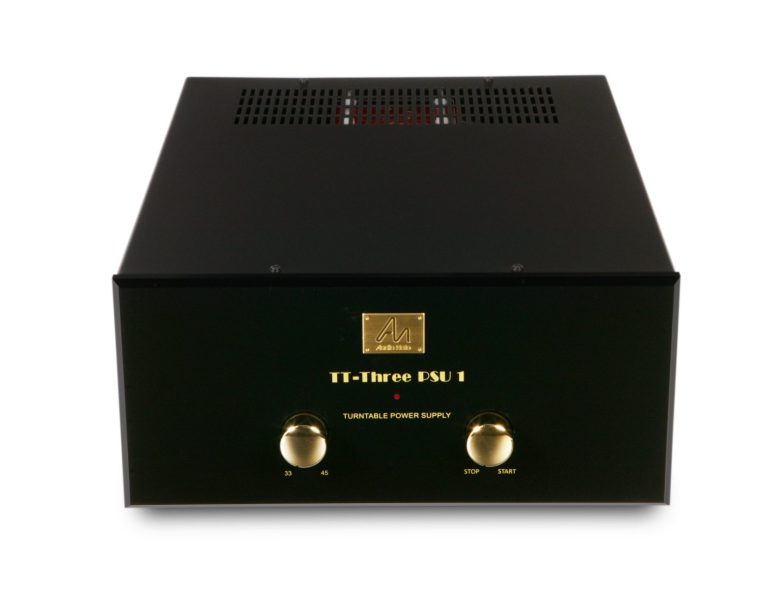 Audio Note Externes Netzteil für Analoge Plattenspieler Schwarzes Gehäuse für Netzteil mit zwei goldene Bedienelementen und goldene Beschriftung.