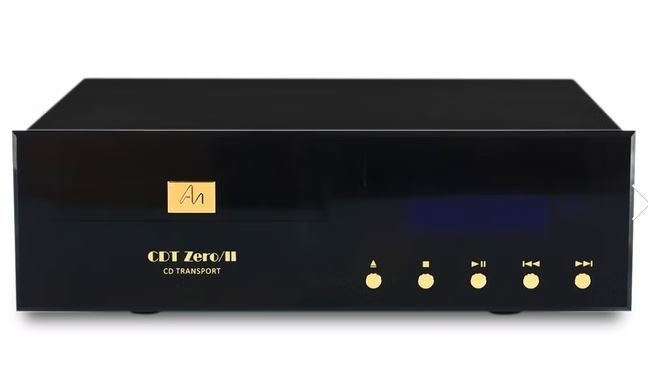 Schwarzer Audio Note (UK)CDT (CD-Laufwerk) mit blaue LED-Anzeige, fünf goldene Tasten und Beschriftung auf der Vorderseite.