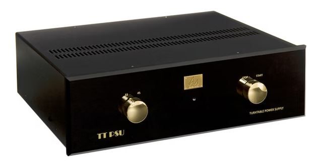 Schwarzes Netzteil für analoges Laufwerk mit goldenen Drehknöpfen und Luftschlitzen auf der Oberseite.