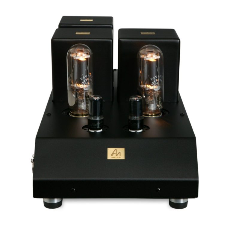 Schwarzer Röhrenverstärker mit zwei großen Röhren auf der Oberseite.