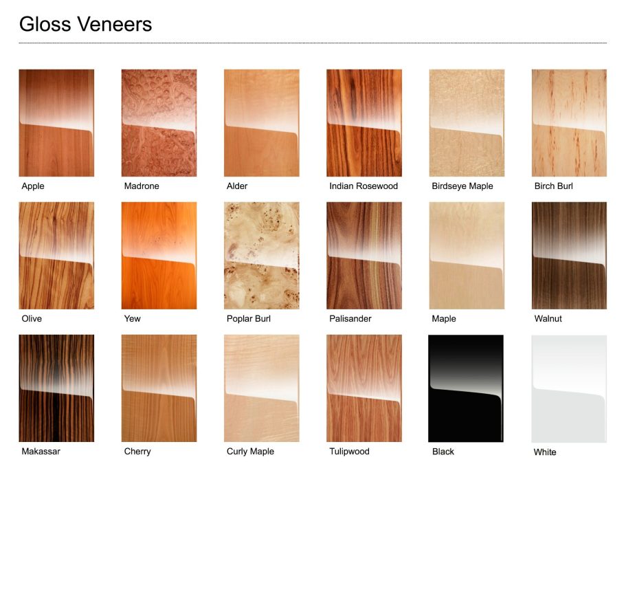 Übersicht über die verfügbare Hochglänzende Holzfurniere für die Lautsprecherserien AN-K, AN-J und AN-E.