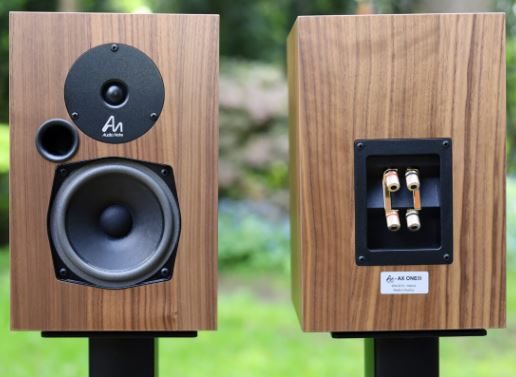 Holzlautsprecher mit zwei Treibern, Bassreflexöffnung und Anschlussklemmen auf der Rückseite.