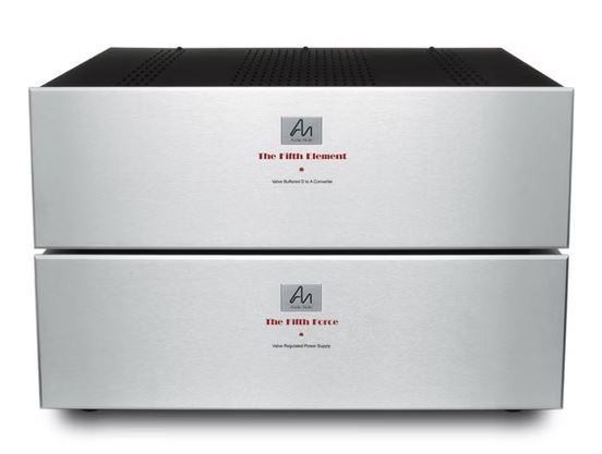 Hochwertiger zweigeteilter DAC in silberner Aluminiumoptik mit AN-Logo und roter Beschriftung.