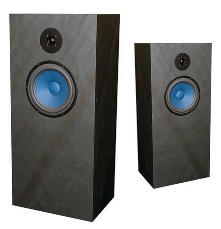 Zwei Lautsprecherboxen in Schiefer-Schwarz mit schwarzem Hochtöner und blauem Tieftöner auf weißem Hintergrund.