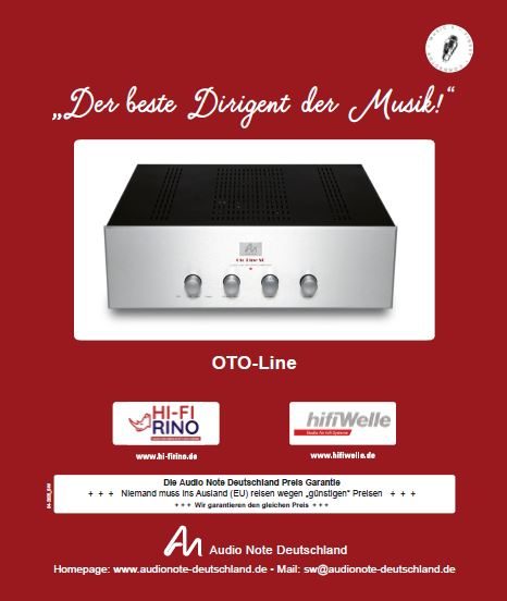 Schwarzer Vollverstärker OTO mit aluminium Front und vier Bedienknöpfe, präsentiert als „Der beste Designer der Musik“.