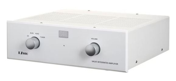 Weißer Audio Note (UK) High-end "I Zero" Vollverstärker mit silberne Bedienknöpfe und schwarzer Aufschrift.