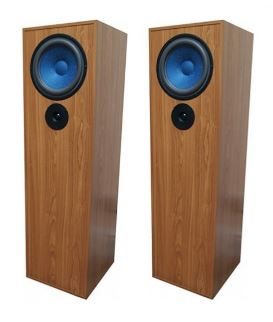 Zwei Standlautsprecher Modell AZ-Two mit blauen Lautsprechermembranen und schlankem Design.