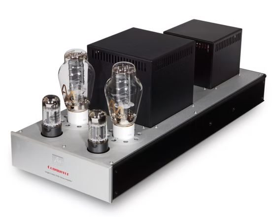 Audio Note (UK) Röhrenverstärker mit zwei 300B Trioden-Röhren, schwarzem Gehäuse und Aluminium Front mit rote Beschriftung.