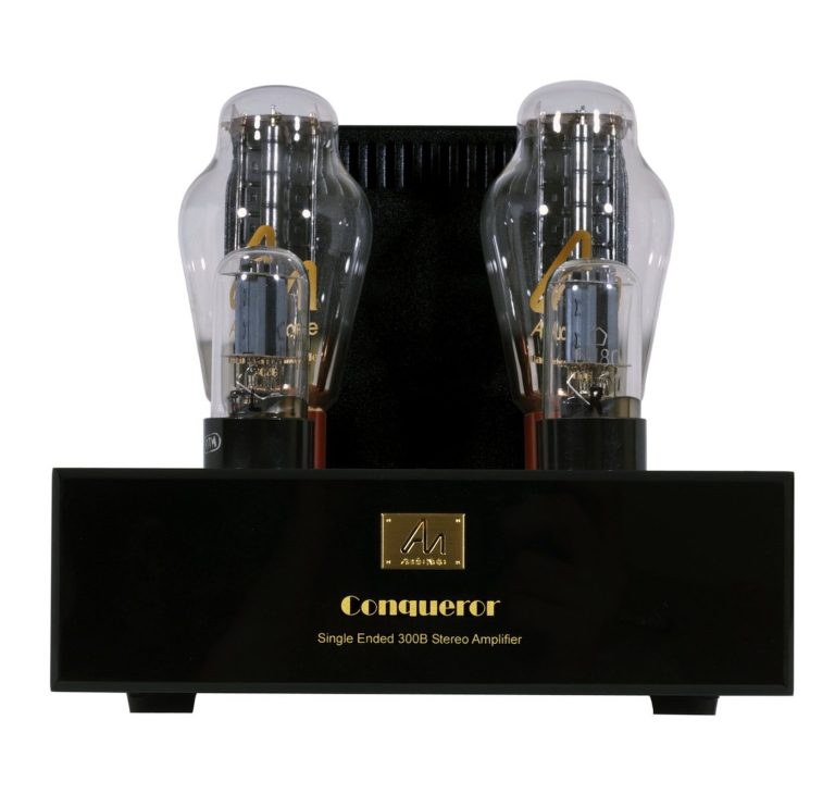 Audio Note Stereo-Röhrenverstärker mit zwei 300B Triodenröhren und schwarzem Gehäuse.