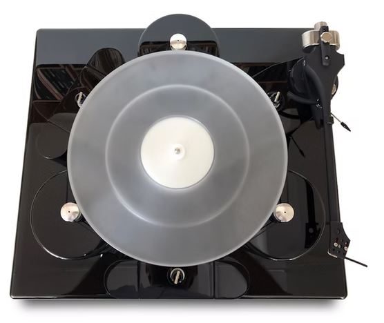 Schwarzer Plattenspieler mit transparentem Plattenteller und stylischem Design.