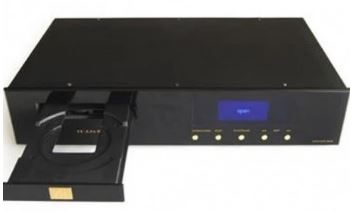 Schwarzer CD-Player mit blauer Anzeige und herausziehbarem Fach.